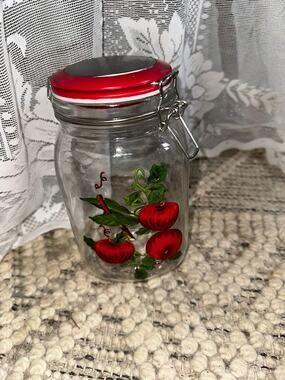 Glass Apple Canister Jar Red Clamp Lid Hand Painted Country Kitchen